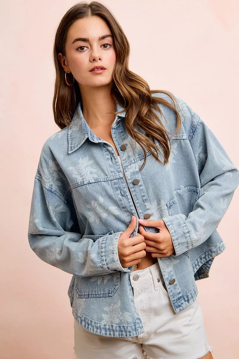 BiBi Printed Washed Denim Jacket With Pocket