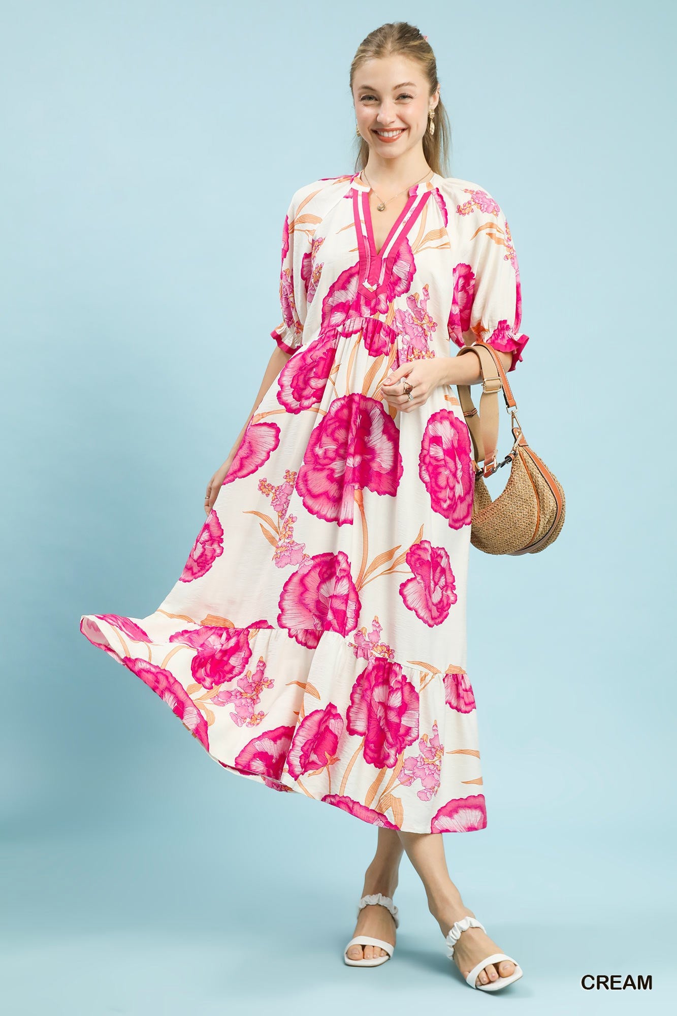 Umgee Floral Print Midi Dress with Contrast Trim