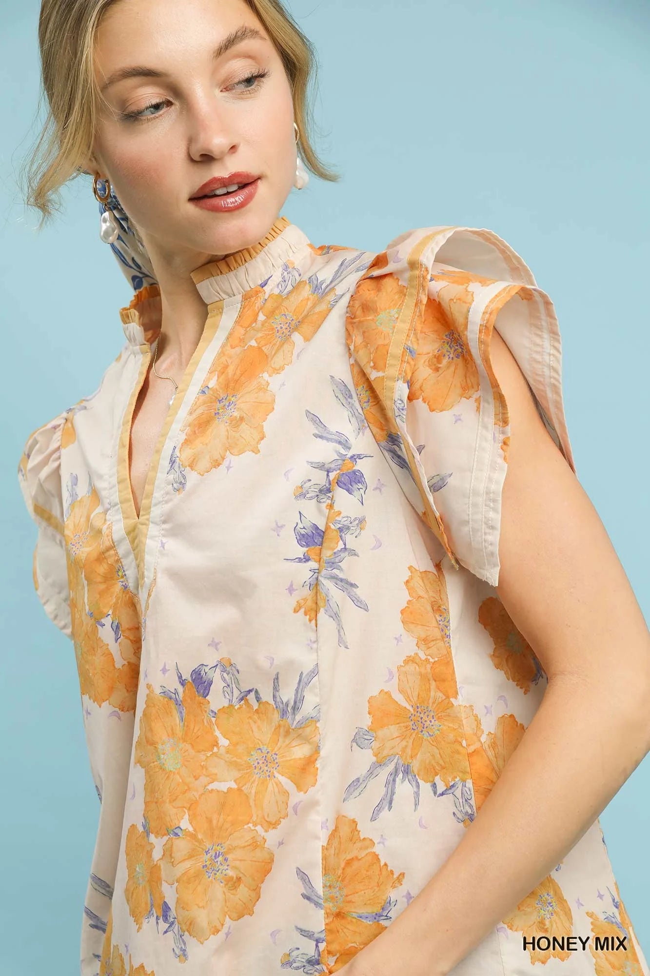 Umgee Mix Floral Ruffle Sleeve Blouse