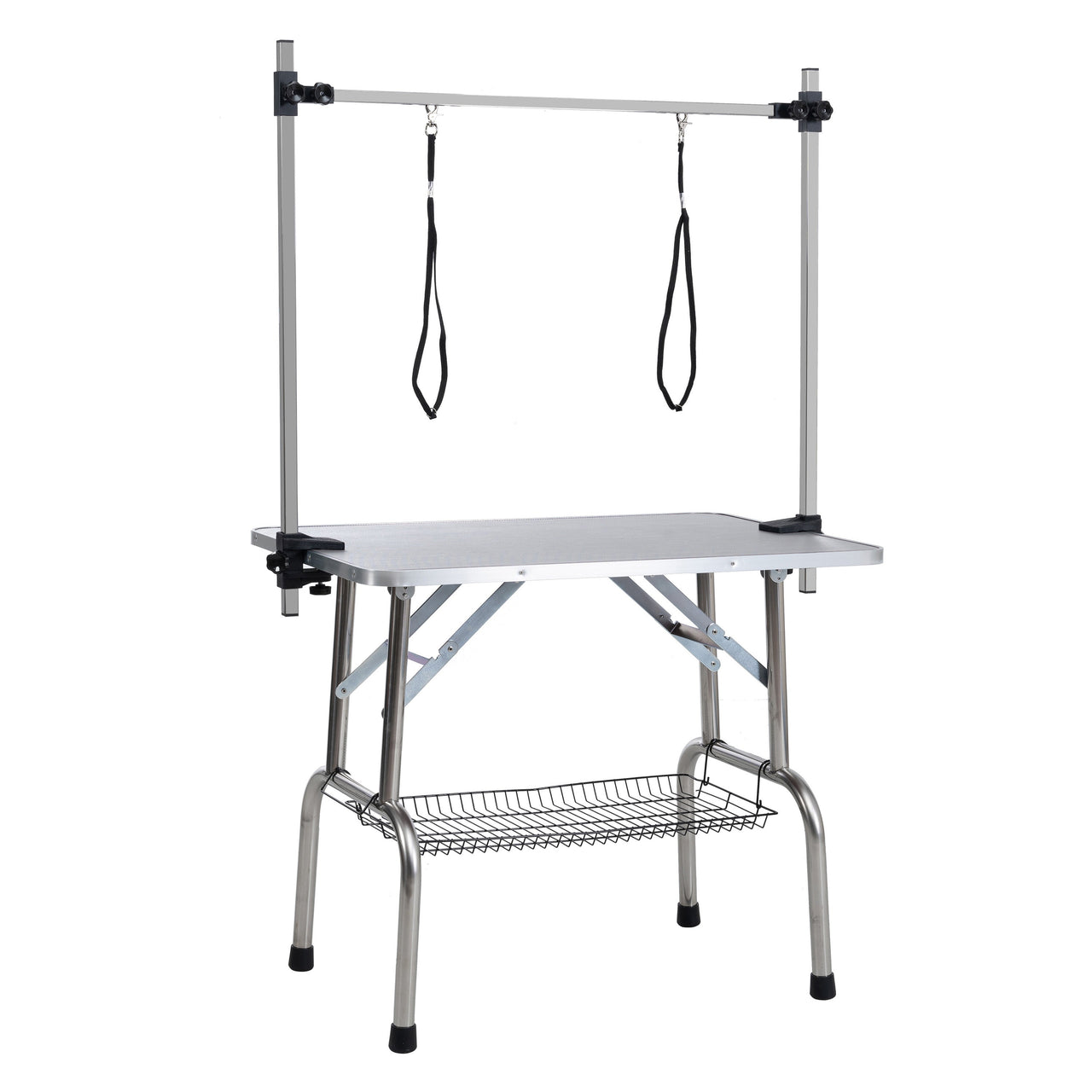 46' Folding Dog Pet Grooming Table Stainless Steel Frame Rubber Mat on Board with Adjustable Arm and Clamps pet dog Cat Grooming Table (SILVER-GRAY COLOR)