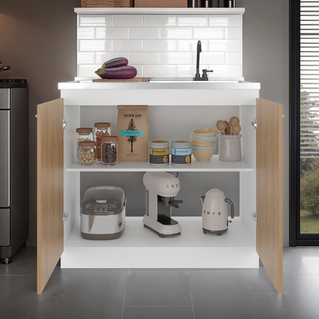 Salento Freestanding Sink, Double Door Cabinet, Two Shelves, White / Natural Oak