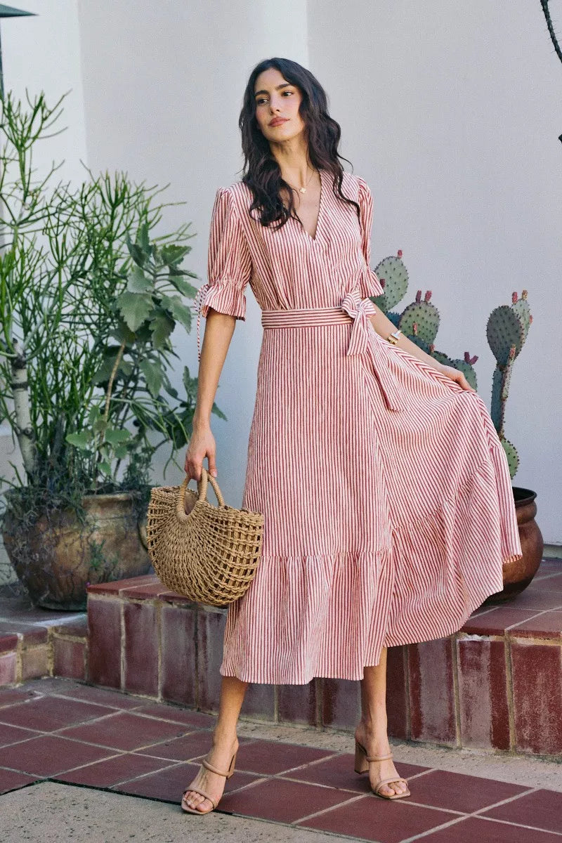 SO ME Stripe Textured Short Sleeves Lined Wrap Midi Dres