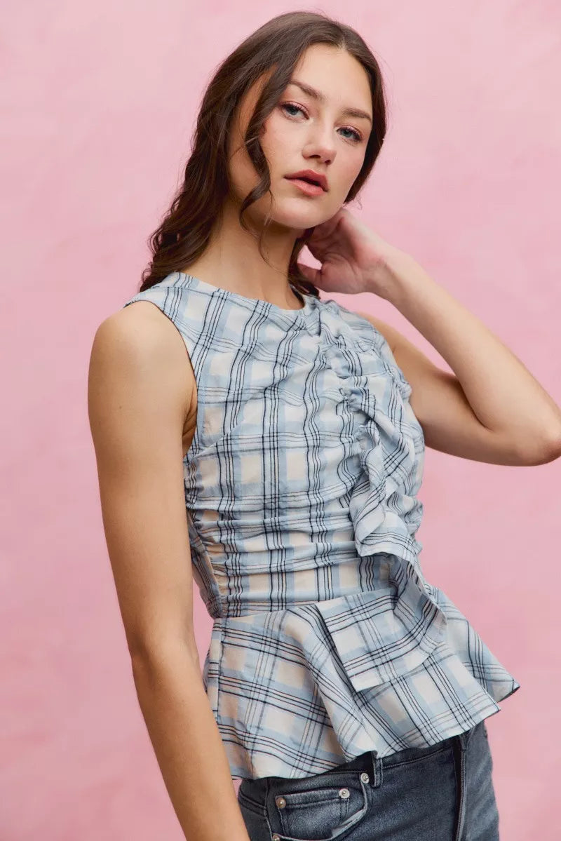 SO ME Plaid Sleeveless Ruffle Peplum Top