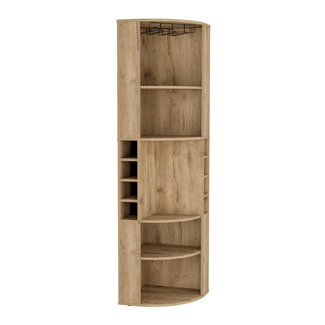 Oban Corner Bar Cabinet with Five Shelves , Eight Bottle Cubbies and Steamware Macadamia