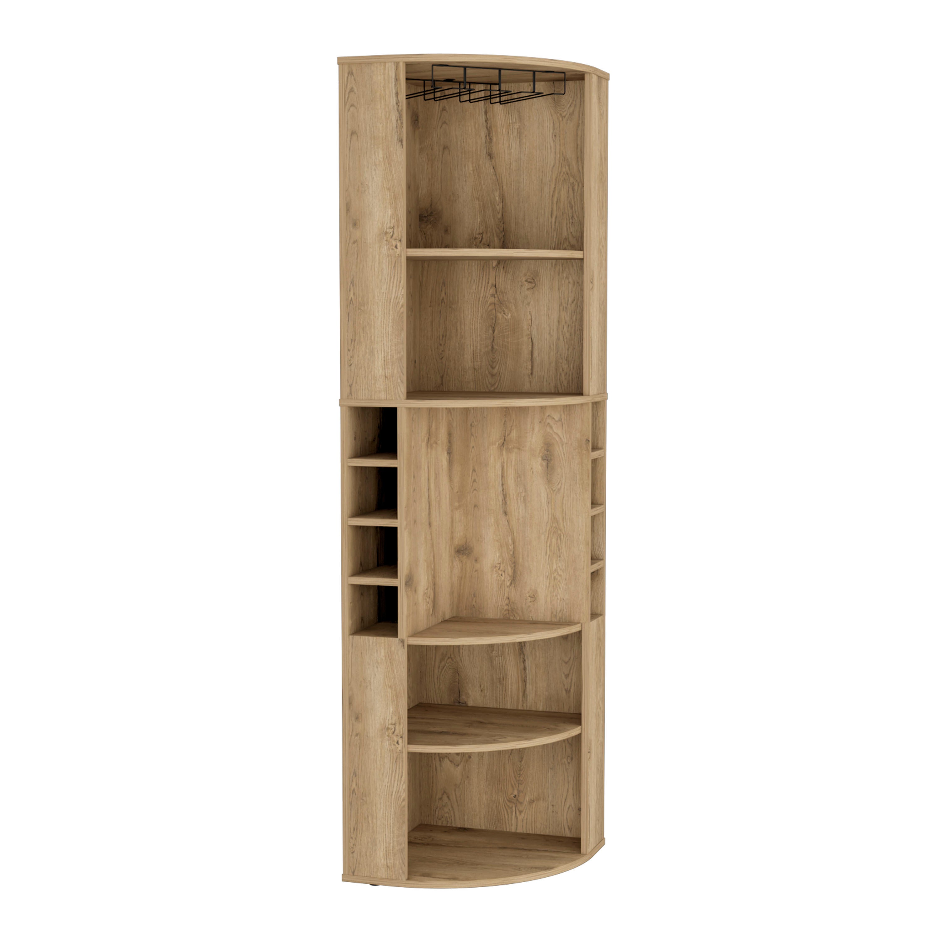 Oban Corner Bar Cabinet with Five Shelves , Eight Bottle Cubbies and Steamware Macadamia