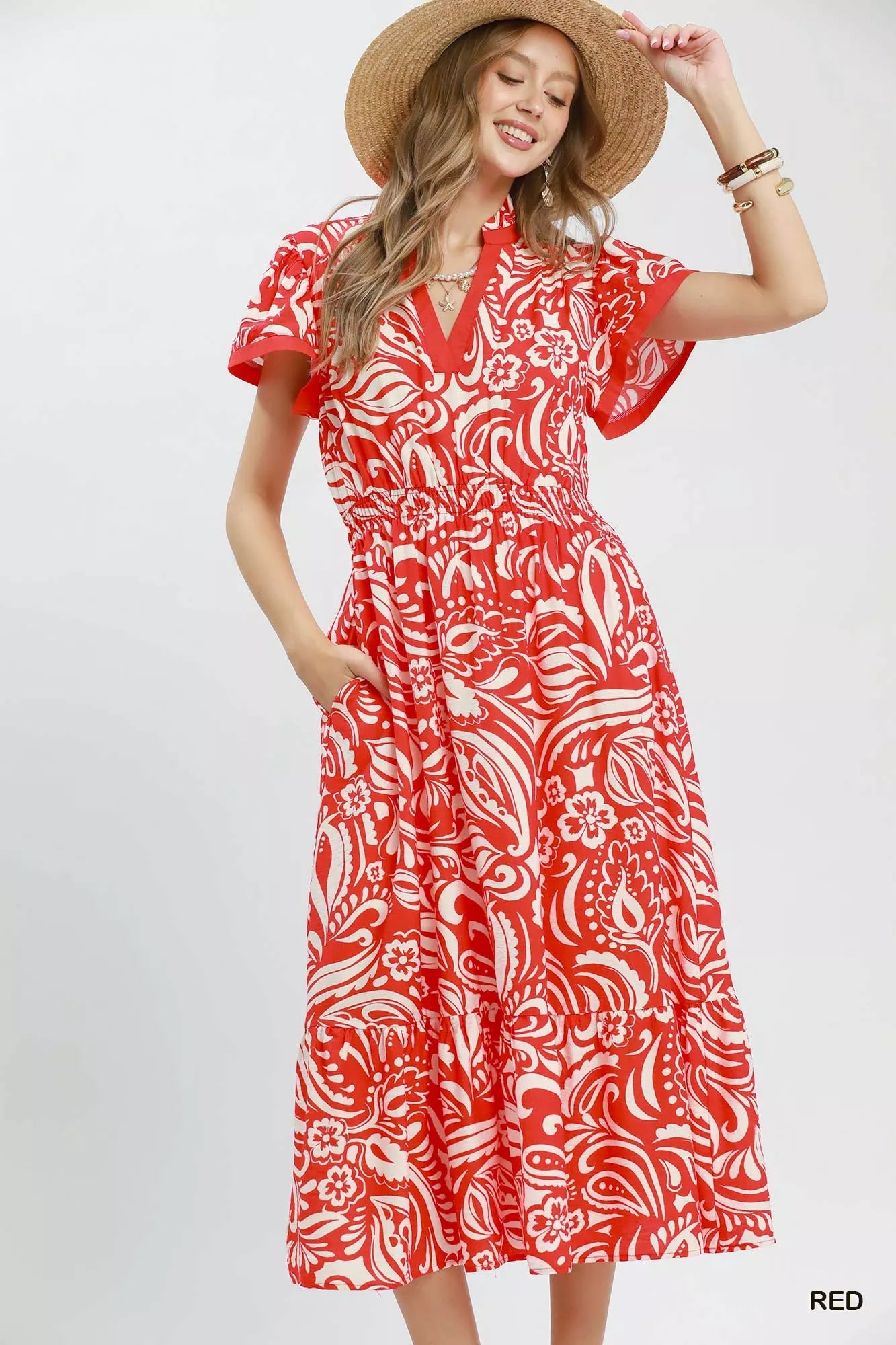 Umgee Paisley Print Midi Dress with Side Pockets