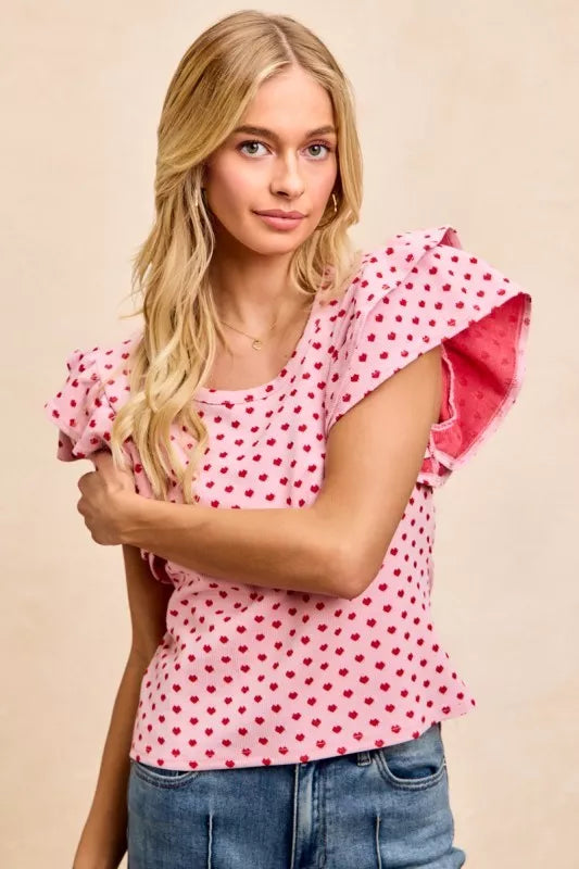 BiBi Heart Patterned Knit Ruffled Sleeves Top