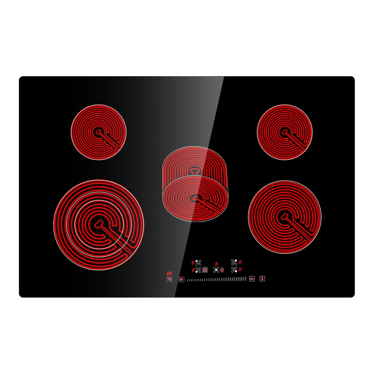 Built in Electric Stove Top, 30.3 x 20.5 inch 5 Burners, 240V Glass Radiant Cooktop with Sensor Touch Control, Timer & Child Lock Included, 9 Power Levels for Simmer Steam Slow Cook Fry