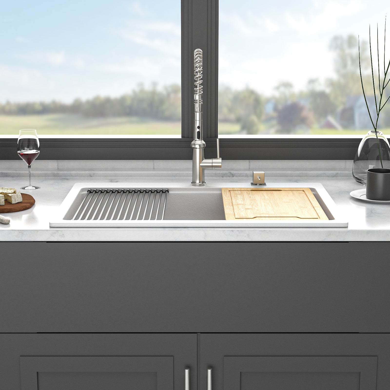 33 x 22 Inches White Granite Composite Quartz Kitchen Sink with Workstation Features and Drop-In Design