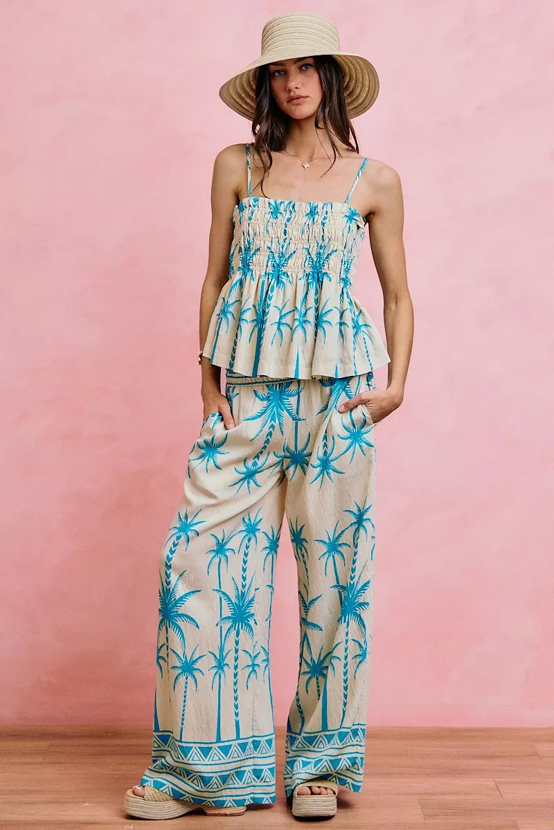 SO ME Palm Tree Smocked Bodice Adjustable Cami Top