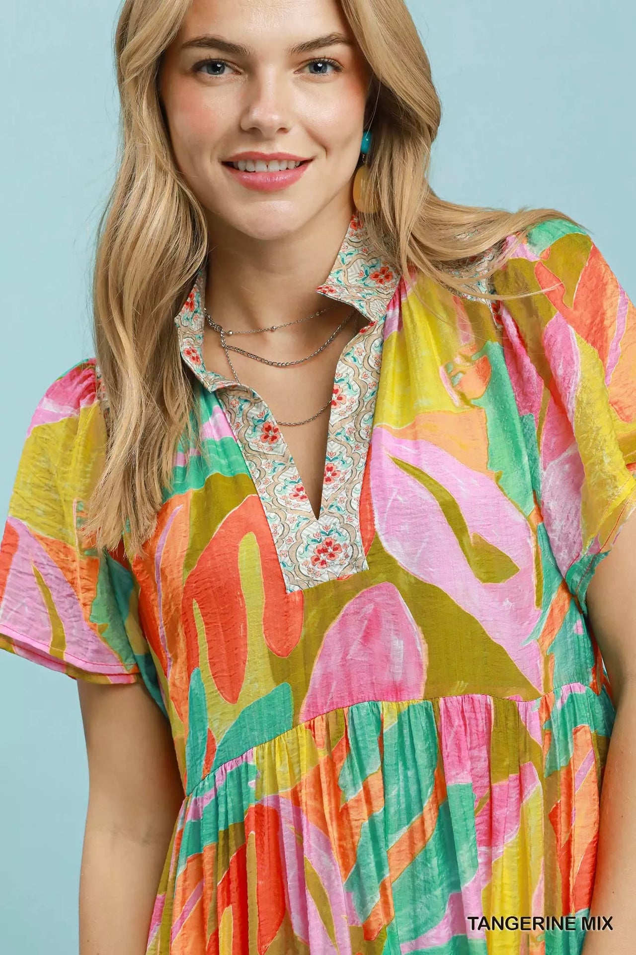 Umgee Abstract Tropical Print Tiered Midi Dress