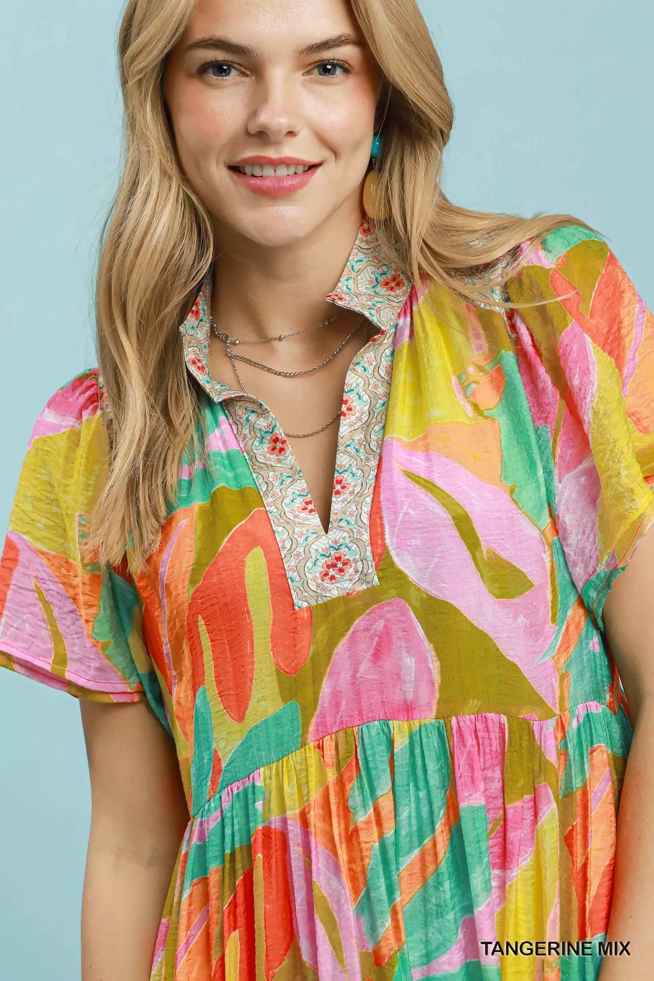 Umgee Abstract Tropical Print Tiered Midi Dress