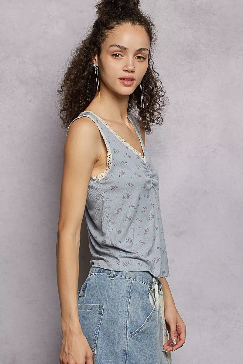 POL Ruched Floral V-Neck Tank with Lace Detail