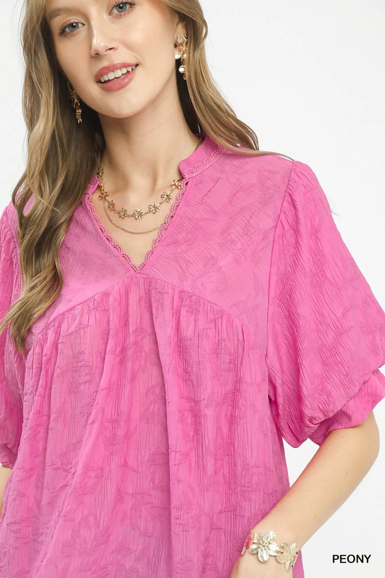 Umgee Textured Lace Trim V-Neck Boho Blouse