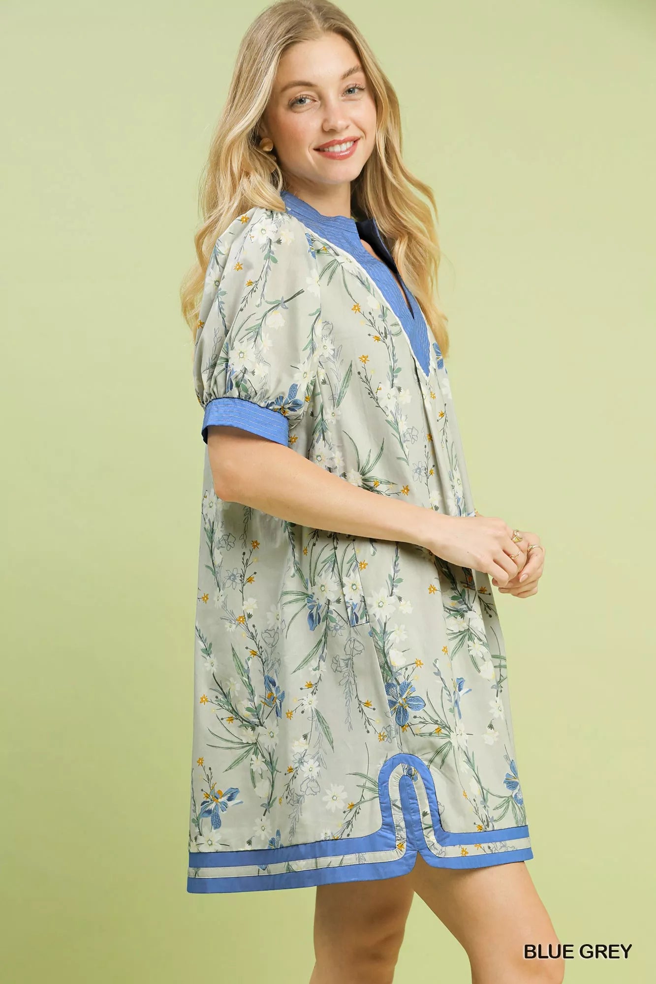 Umgee Floral Puff Sleeve Dress with Contrast Trim