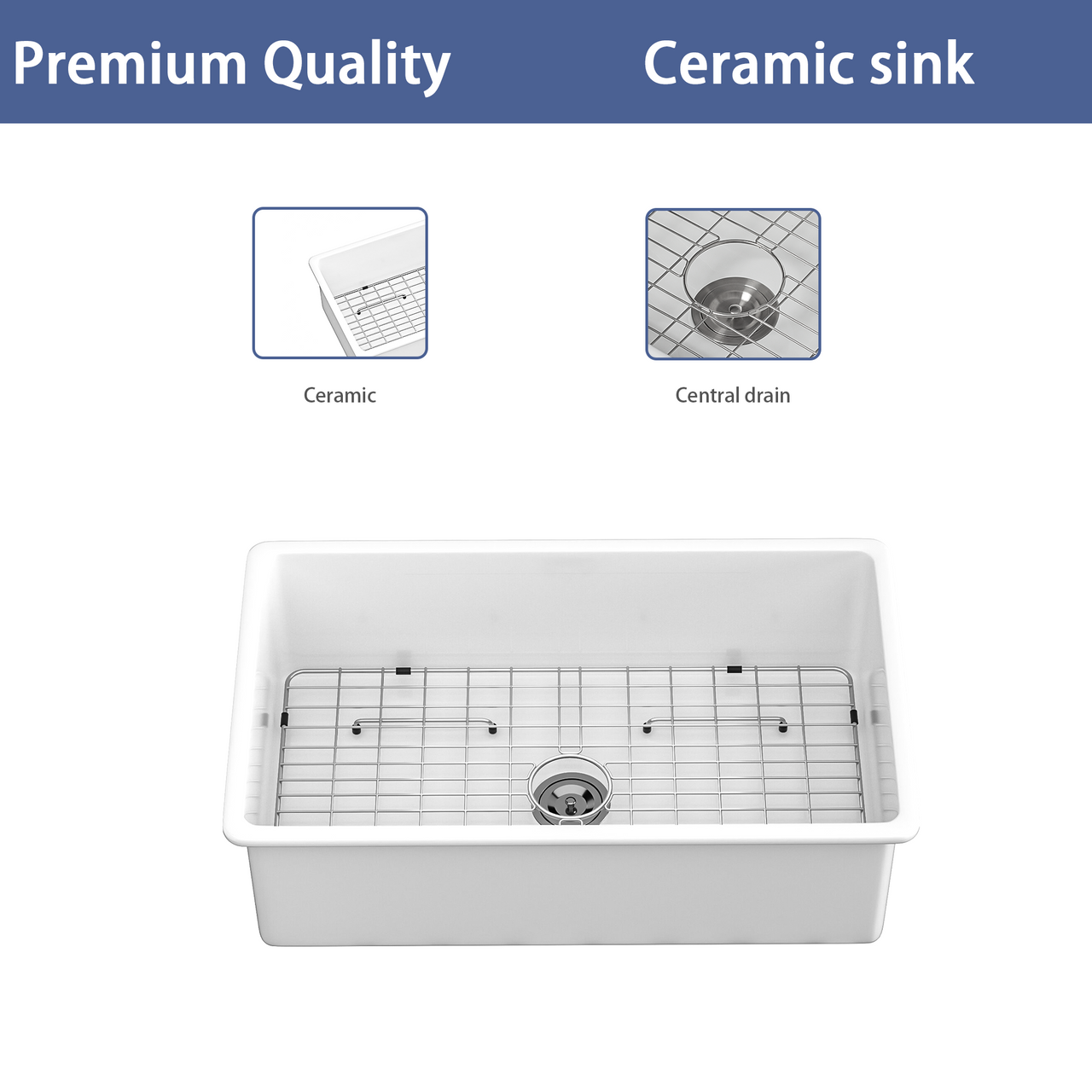 White Fireclay Rectangular Deep Single Bowl Sink 32x19x10 Inch Undermount Top Mount Porcelain Kitchen Sink