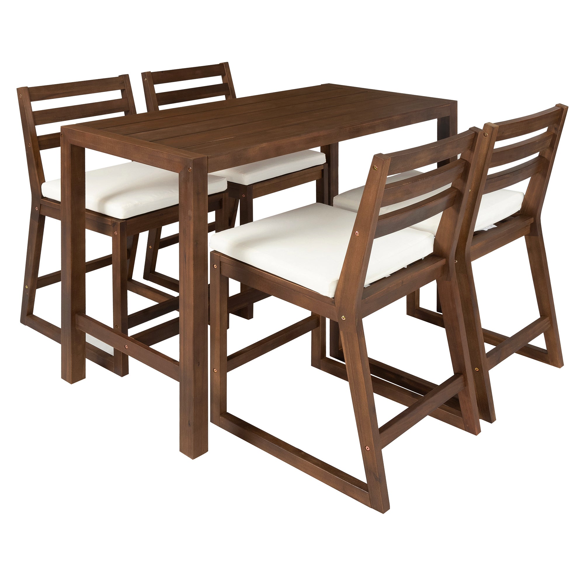 TREXM Rustic Patio Bar Set with Ergonomic Chairs, Solid Wood Slatted Tabletop in Mocha+Beige Cushion