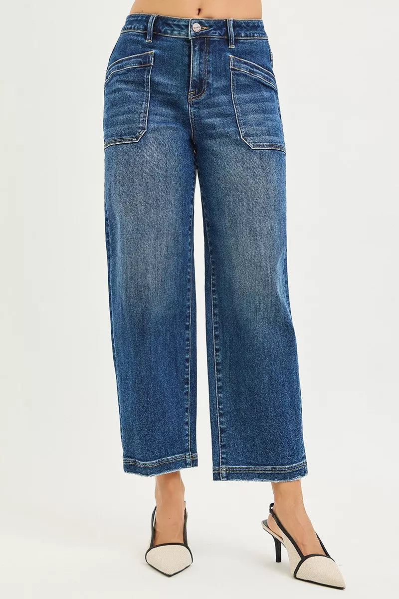 RISEN Slouchy Cropped Baggy Jeans with Front Patch Pocket