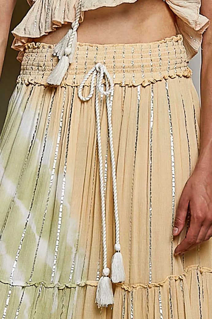 POL Shimmer Tiered Reverse Ruffle Smocked Waist Maxi Skirt