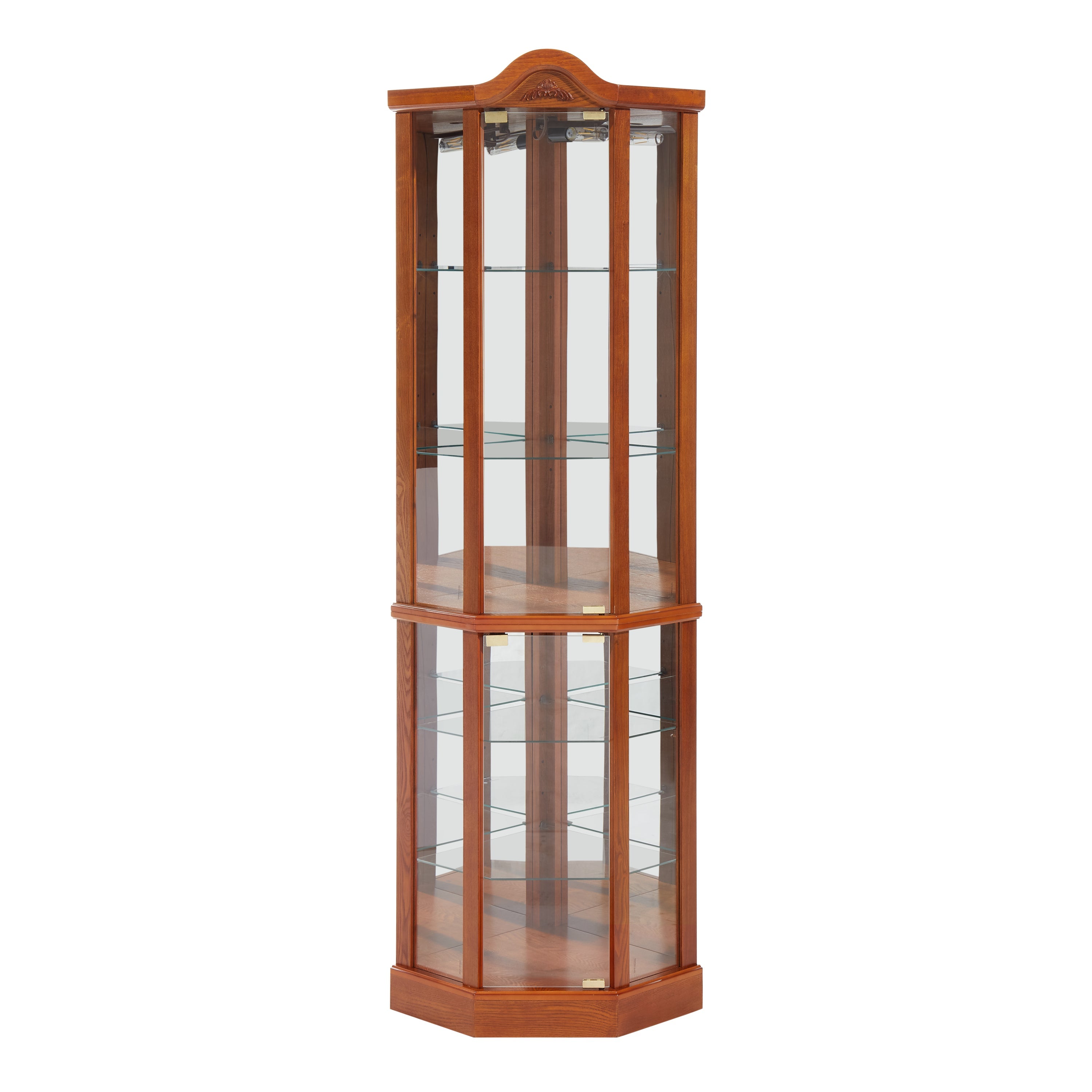 Glass Cabinet Lighted Corner Cabinet Corner Display Curio Cabinet, Glass Display With Light(Included)Bar Cabinet,Wine Cabinet with Adjustable Glass Shelves Carved Decoration OAK Light(Included)