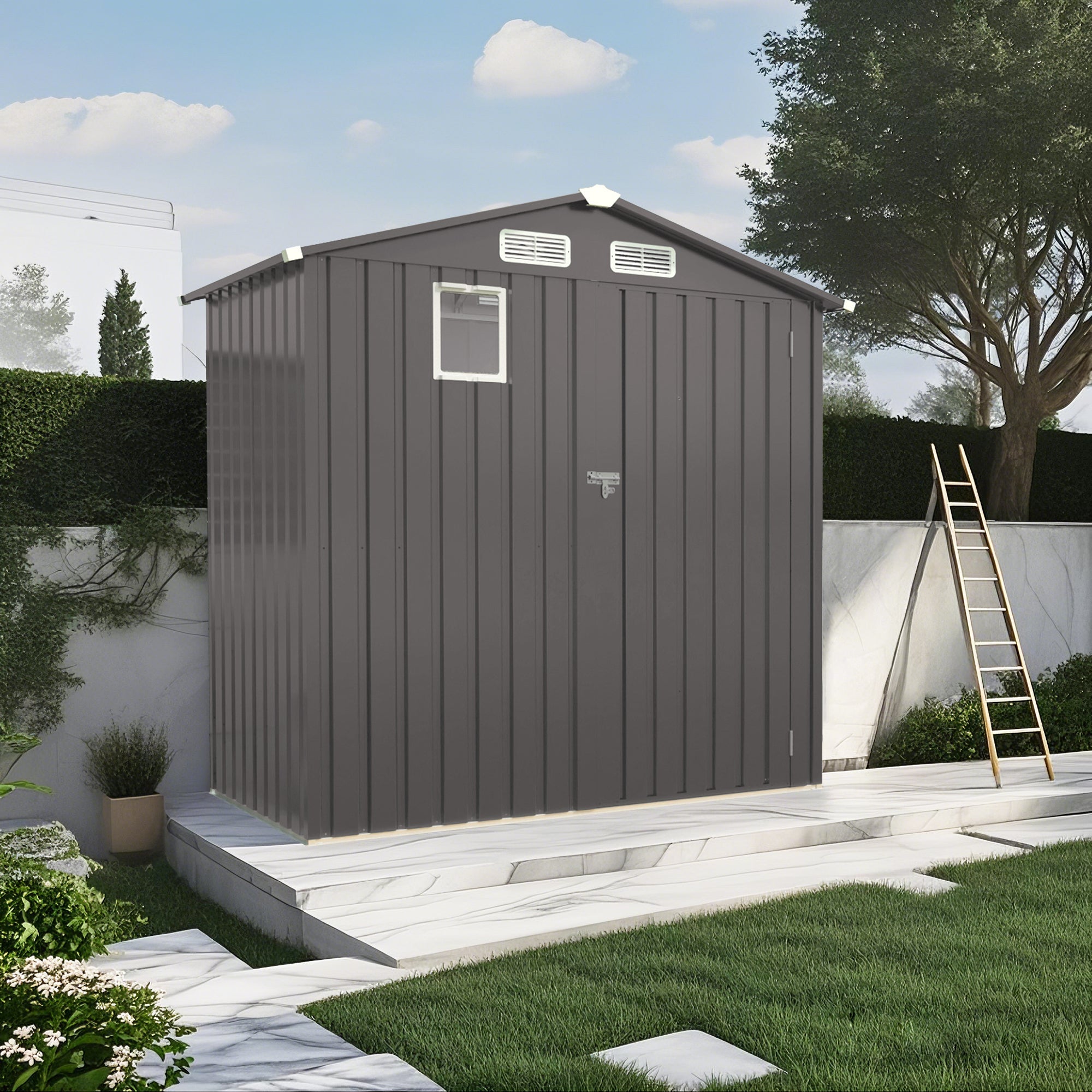 6X3.5FT Compact Metal Outdoor Storage Shed with Peaked Roof and Lockable Door, Gray,