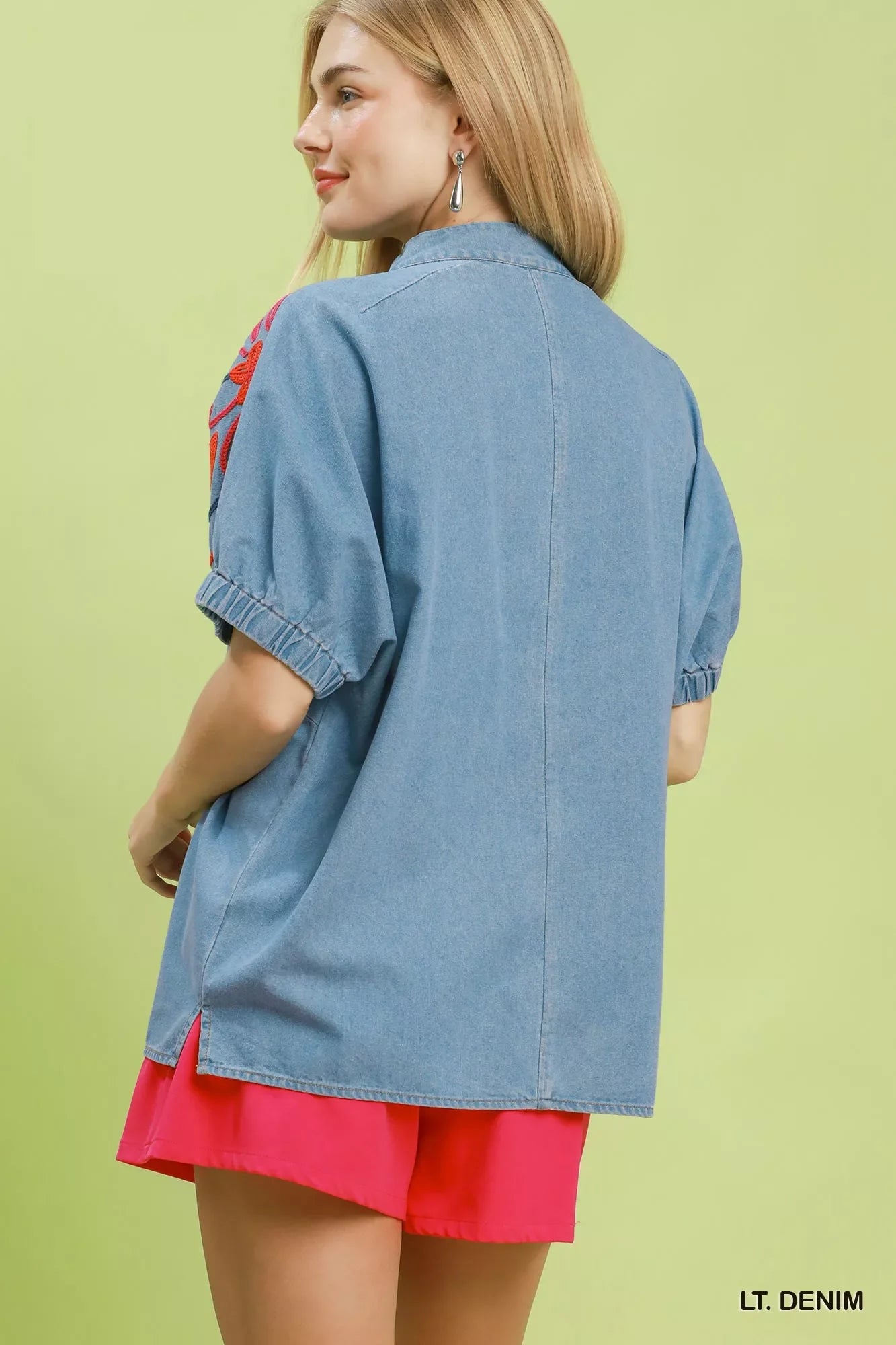 Umgee Embroidered Denim Puff Sleeve Top