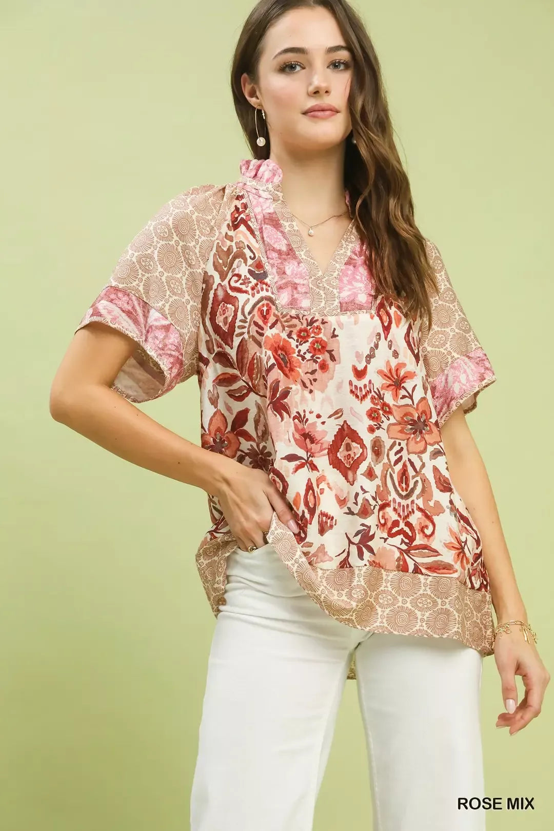 Umgee Mixed Print V-Neck Short Sleeve Top