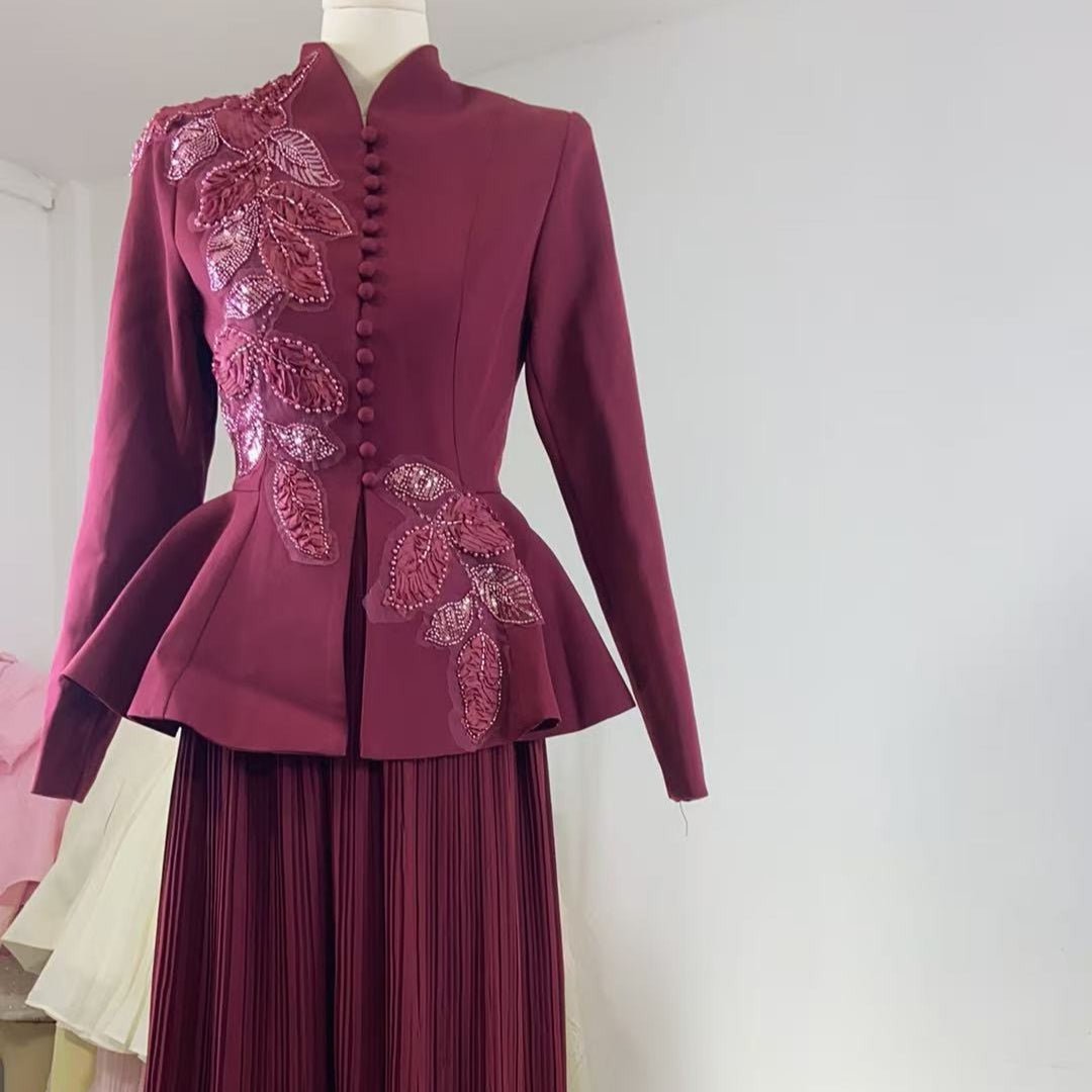 2-Piece Embroidered Peplum Jacket & Micro Pleat Maxi Skirt Set(MS417)