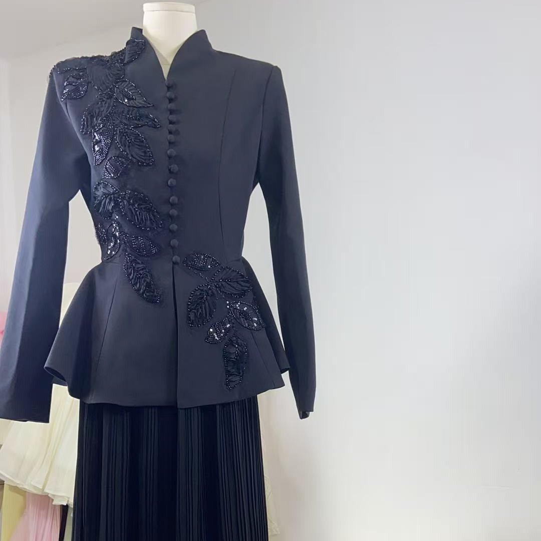 2-Piece Embroidered Peplum Jacket & Micro Pleat Maxi Skirt Set(MS417)