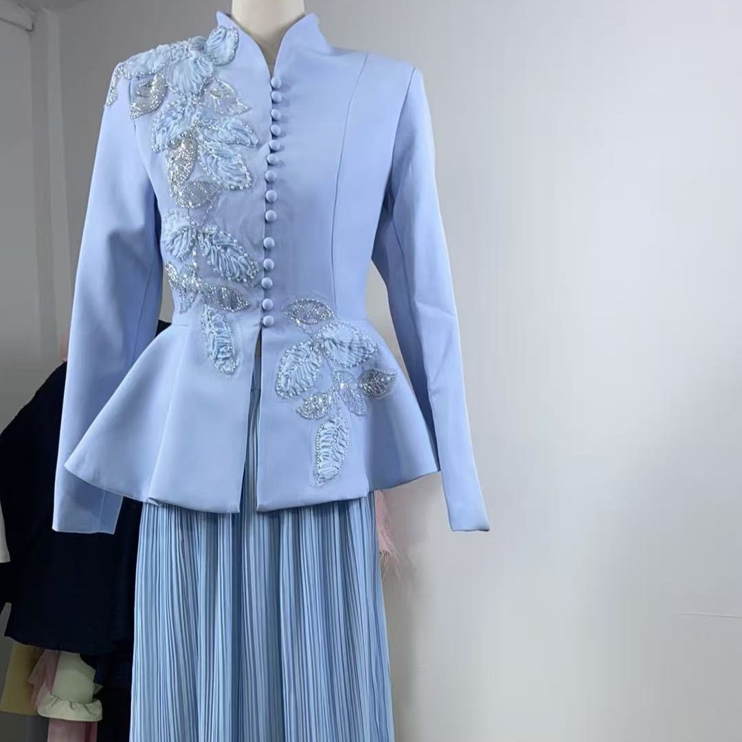 2-Piece Embroidered Peplum Jacket & Micro Pleat Maxi Skirt Set(MS417)
