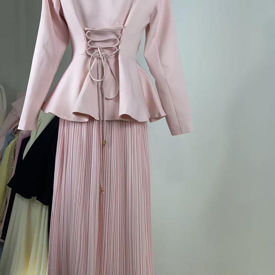 2-Piece Embroidered Peplum Jacket & Micro Pleat Maxi Skirt Set(MS417)