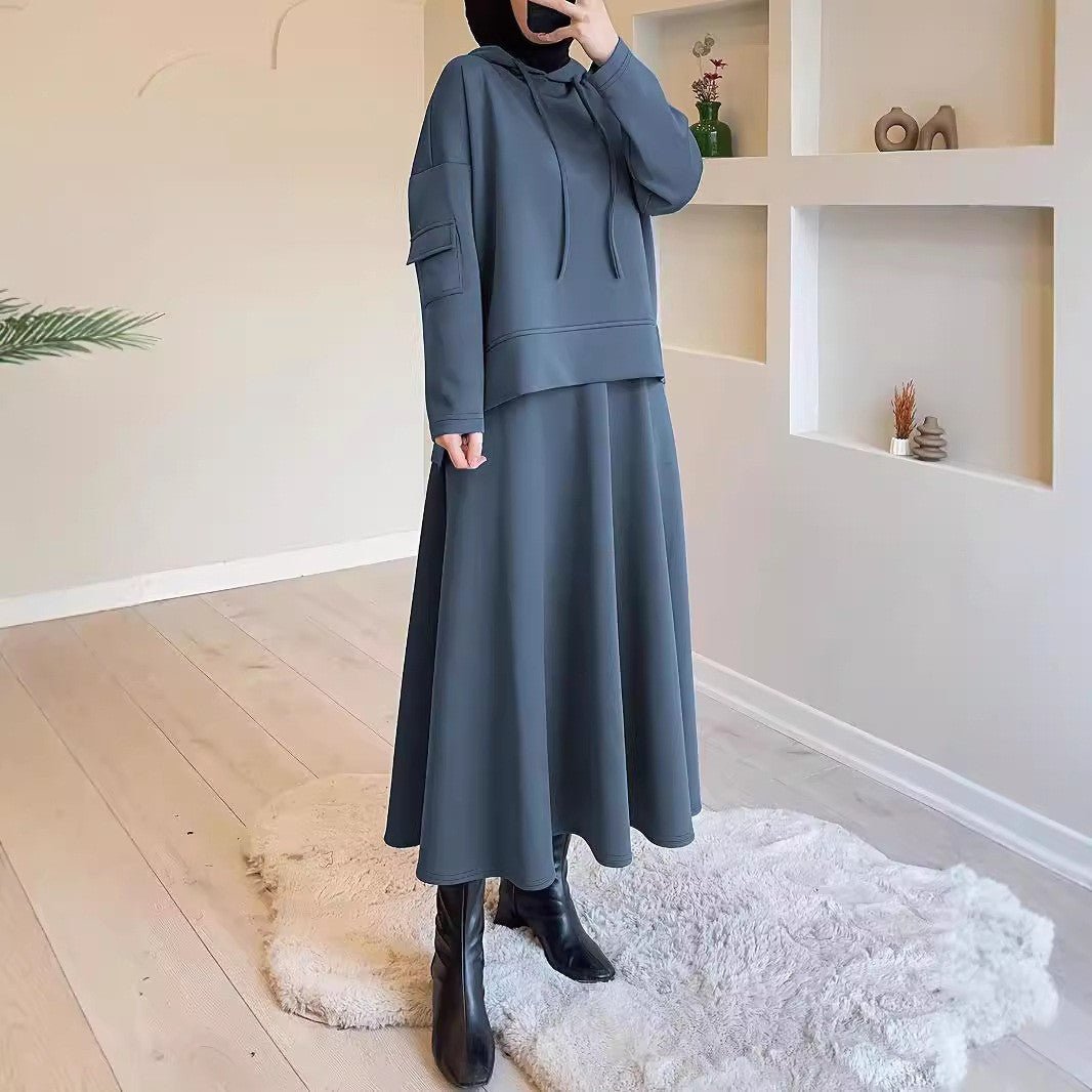 2-Piece Hoodie Top & Full A-Line Maxi Skirt Set(MS427)