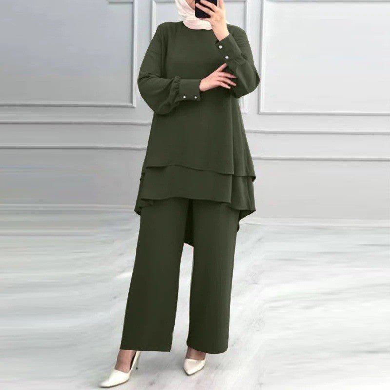 2-Piece Ice Silk Crinkle Hi-Lo Top & Wide Leg Pants Set(MS421)