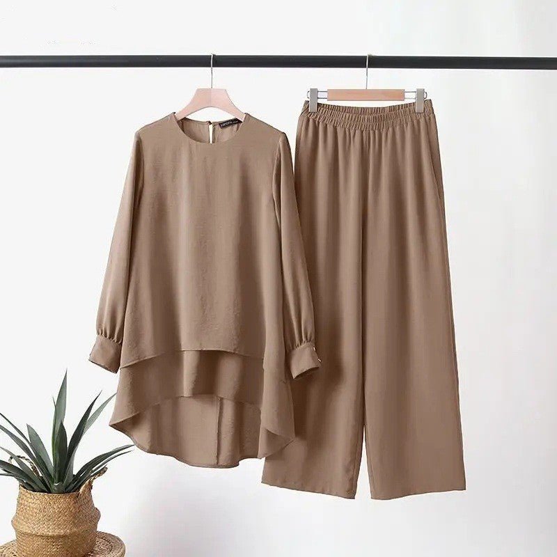 2-Piece Ice Silk Crinkle Hi-Lo Top & Wide Leg Pants Set(MS421)