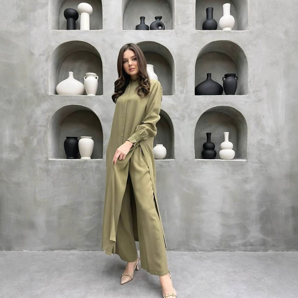 2-Piece Mandarin Collar Longline Shirt & Wide Leg Pants Set(MS418)