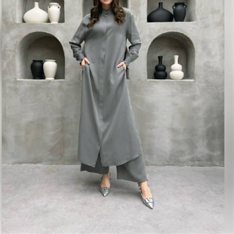 2-Piece Mandarin Collar Longline Shirt & Wide Leg Pants Set(MS418)