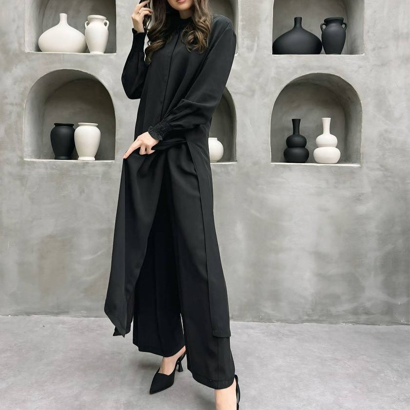 2-Piece Mandarin Collar Longline Shirt & Wide Leg Pants Set(MS418)