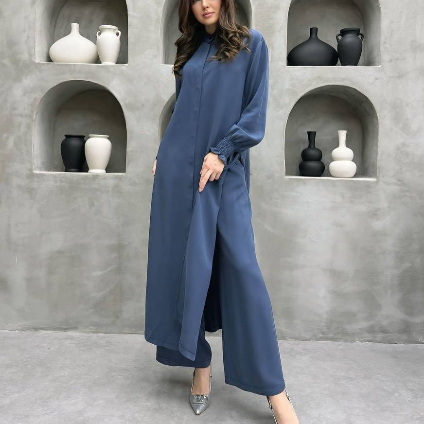 2-Piece Mandarin Collar Longline Shirt & Wide Leg Pants Set(MS418)