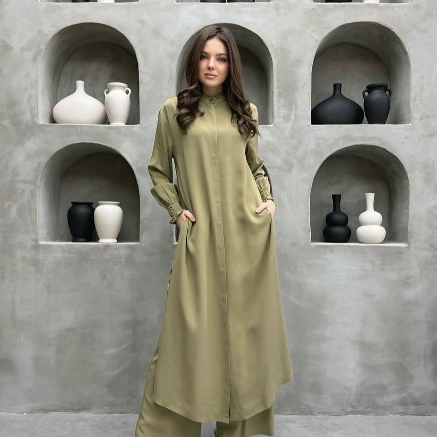 2-Piece Mandarin Collar Longline Shirt & Wide Leg Pants Set(MS418)