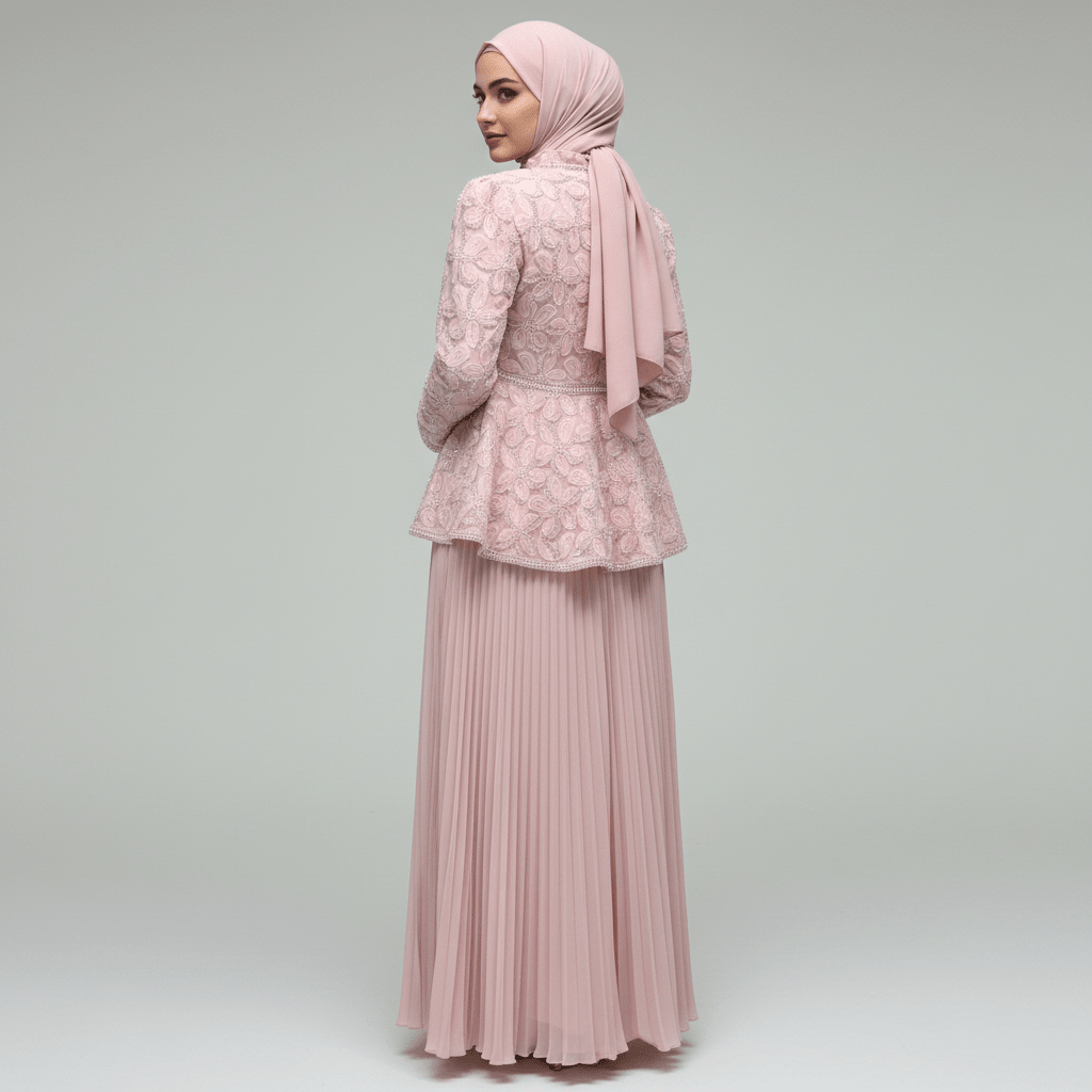 2-Piece Pearl Beaded 3D Rose Embroidered Jacket & Chiffon Pleated Maxi Dress Set(MS401)