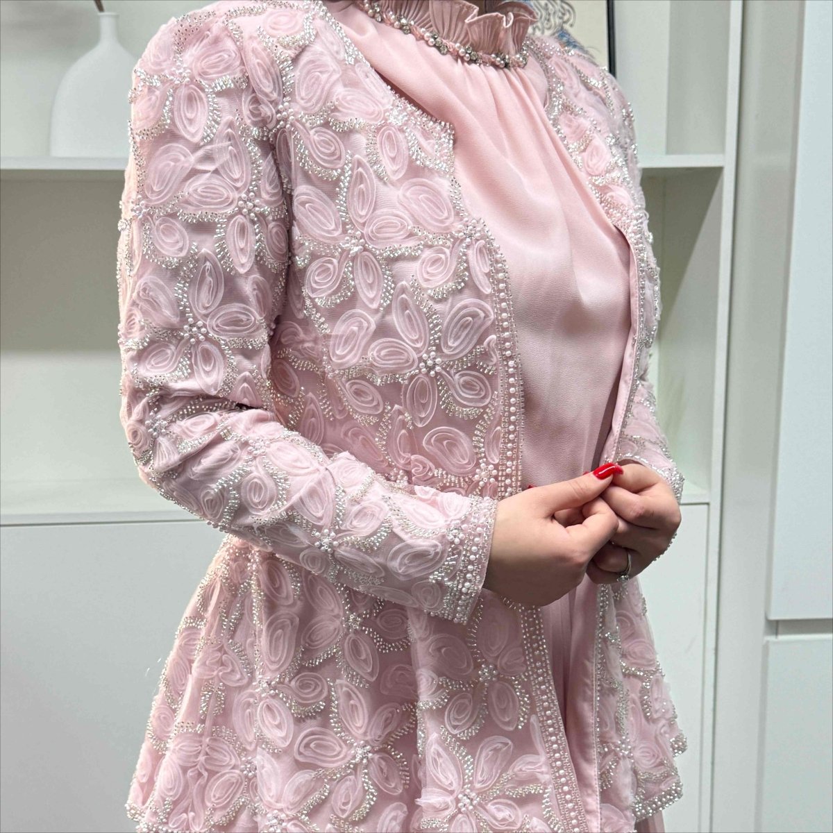 2-Piece Pearl Beaded 3D Rose Embroidered Jacket & Chiffon Pleated Maxi Dress Set(MS401)