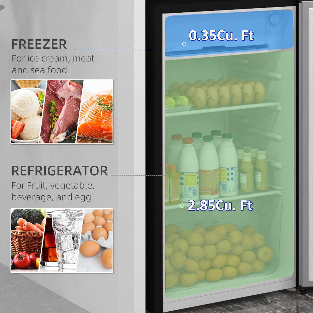 HOMCOM 3.2 Cu.Ft Mini Fridge with Freezer, Single Door Compact Refrigerator with Adjustable Thermostat, Shelf and Reversible Door for Bedroom, Dorm, Home Office, Energy Efficient, Silver