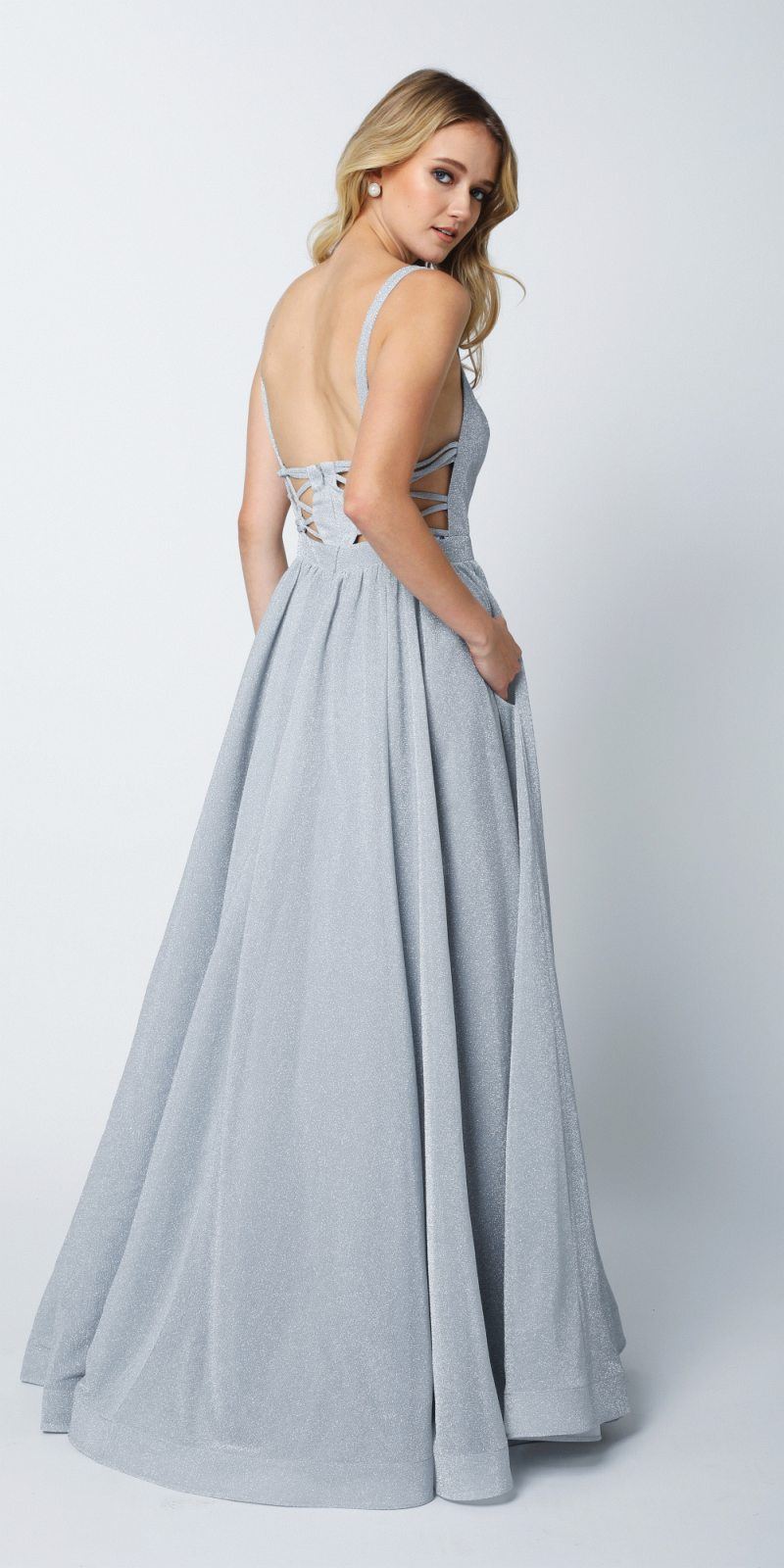 Juliet 201 Plunging V-Neckline Long Glitter Dress A-Line