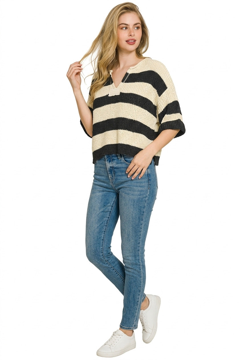 Zenana Split Neck Stripe Sweater