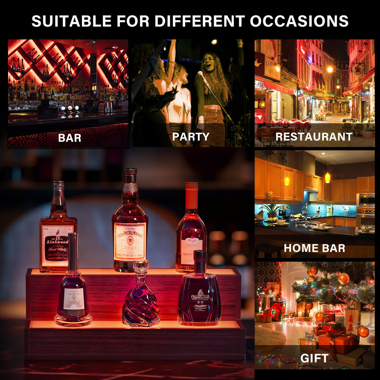 LED Lighted Liquor Bottle Display Shelf, 20 Inch Bar Display Shelf, DIY Illuminated Bottle Shelf with App & Remote Control, 2 Step Freestanding Holding Bottles for Home Bar, Party, Walnut