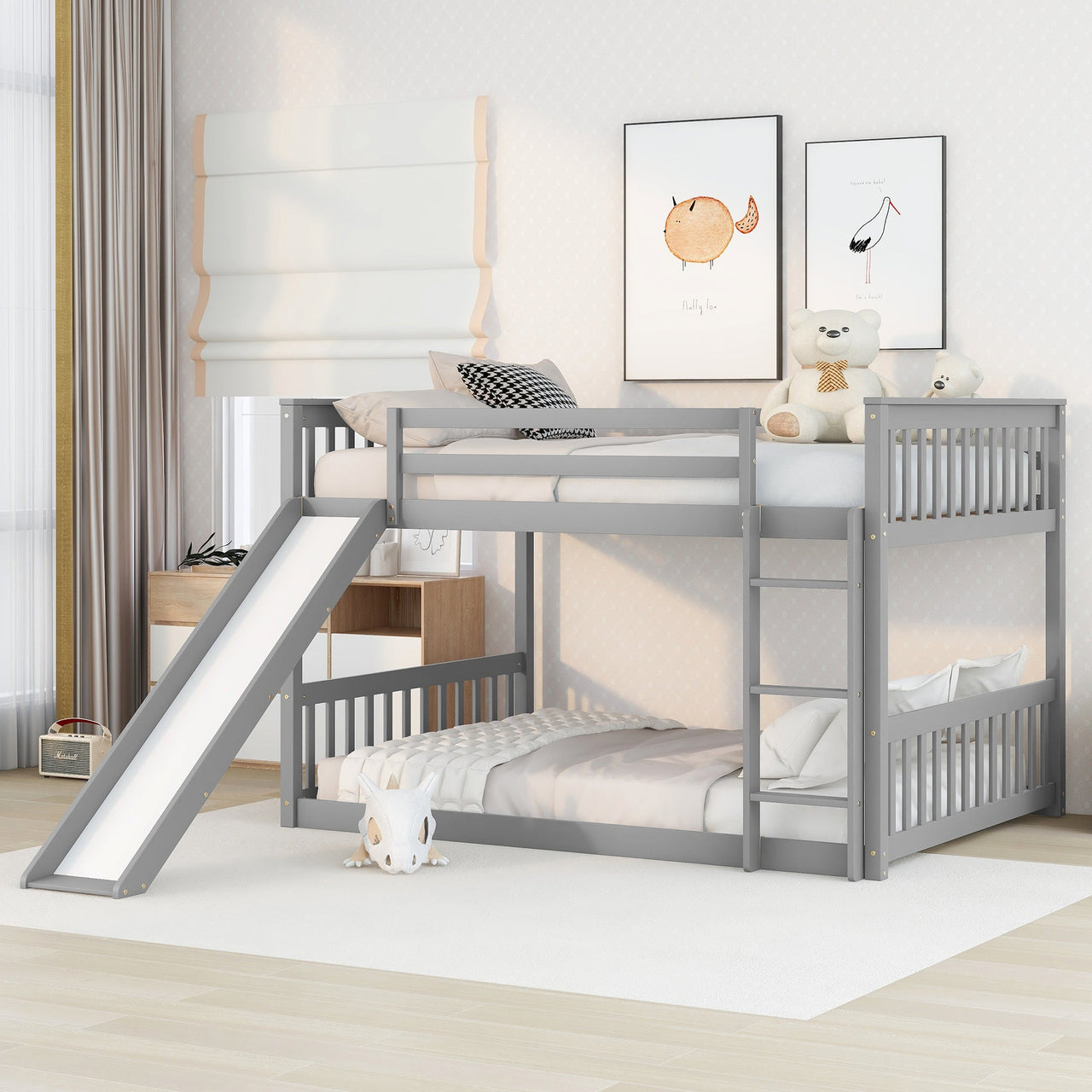Masonstine Full over Full Bunk Bed with Slide and Ladder, Grey