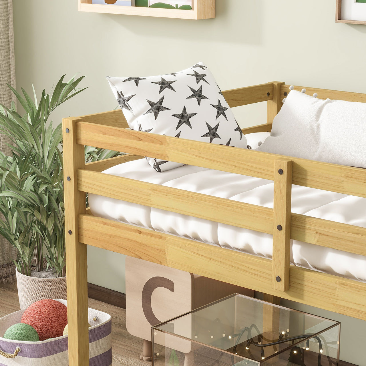 Solid Wooden, Rubber Wooden Twin Loft Bed with Ladder, Bed Platform of Strengthened Slats, Natural