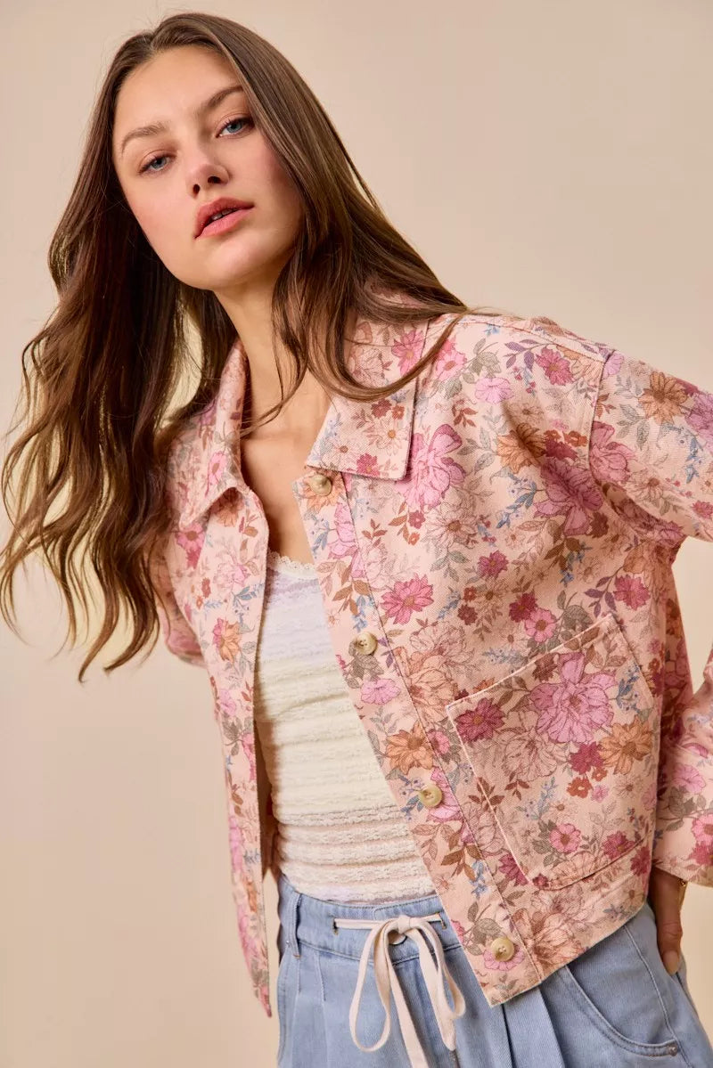 SO ME Floral Print Cotton Twill Button Down Barn Jacket
