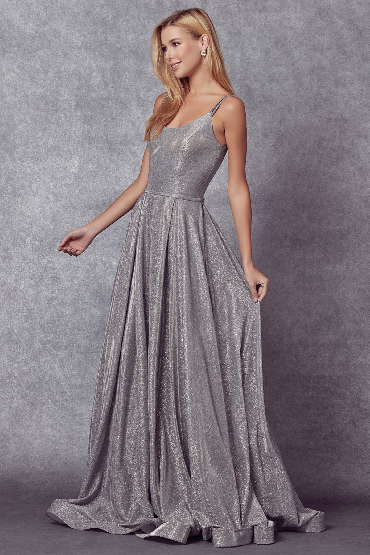 Juliet 206 Long A-Line Glitter Gown Side Pockets