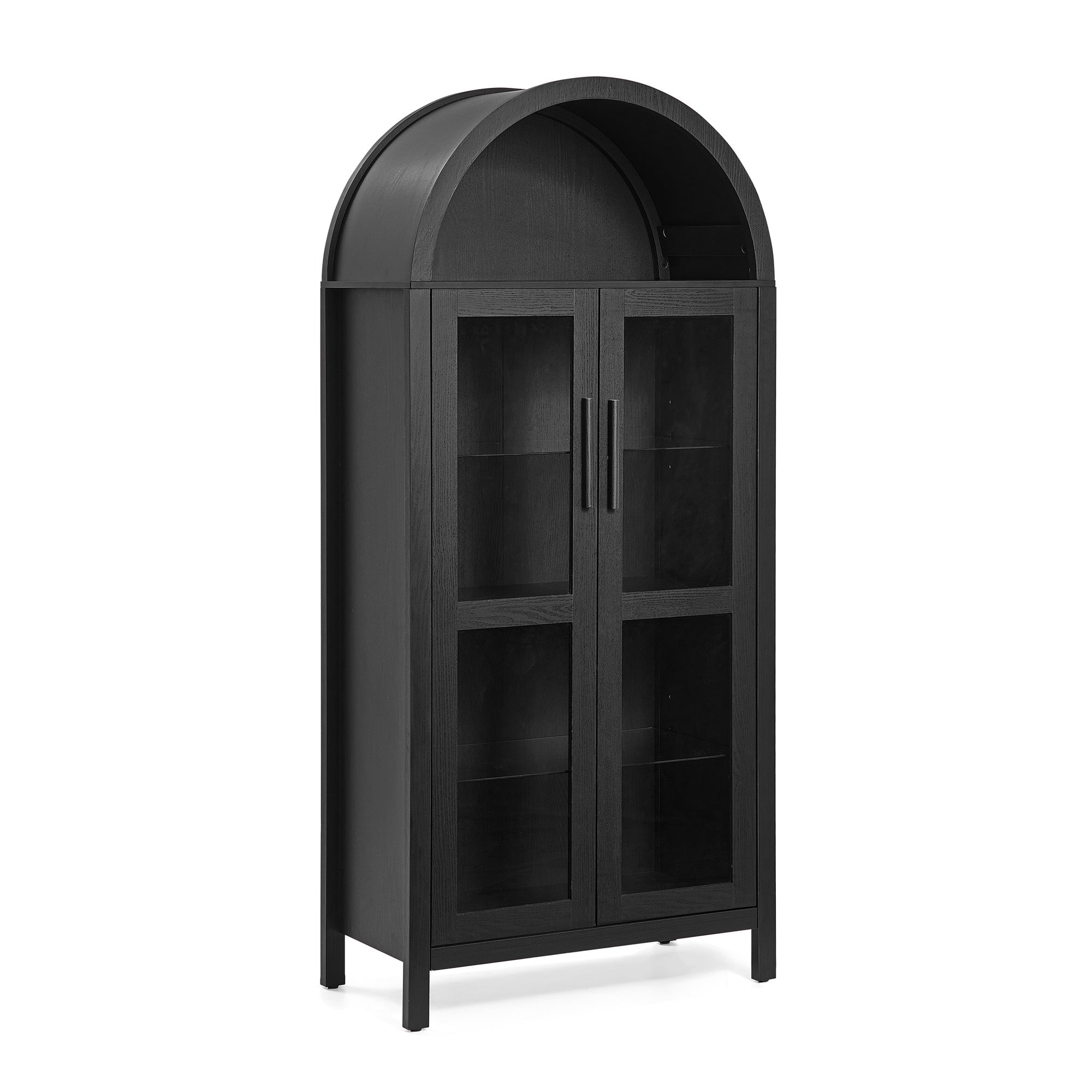 A high arched storage cabinet with a lamp, a modern retro-style wooden storage cabinet with adjustable glass partitions, suitable for use as a multi-functional cabinet in kitchens-Black